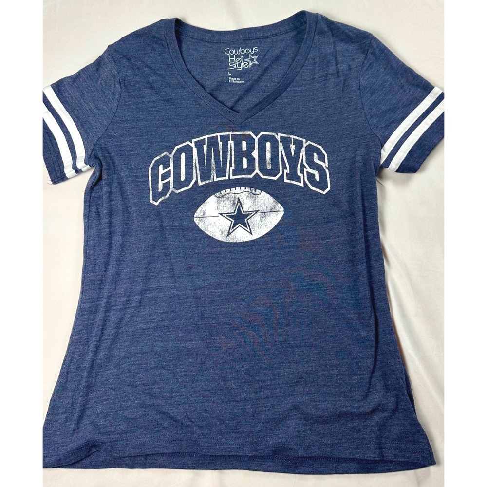 Dallas Cowboys Her Style Womens V-Neck T-Shirt Navy Blue Heathered Large D535W